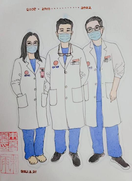 朱蕾蕾（左一）笔下的自己和同事们。受访者供图