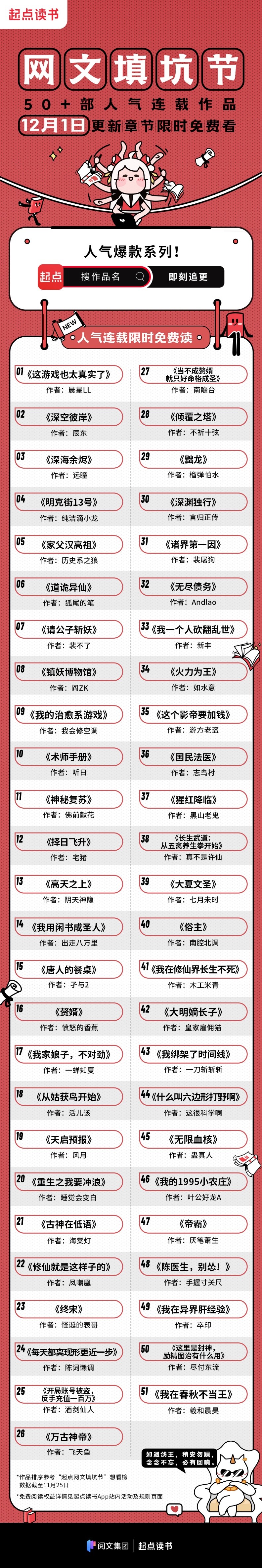 起点读书大手笔！《赘婿》《道诡异仙》等50+人气连载作品12月1日起限免