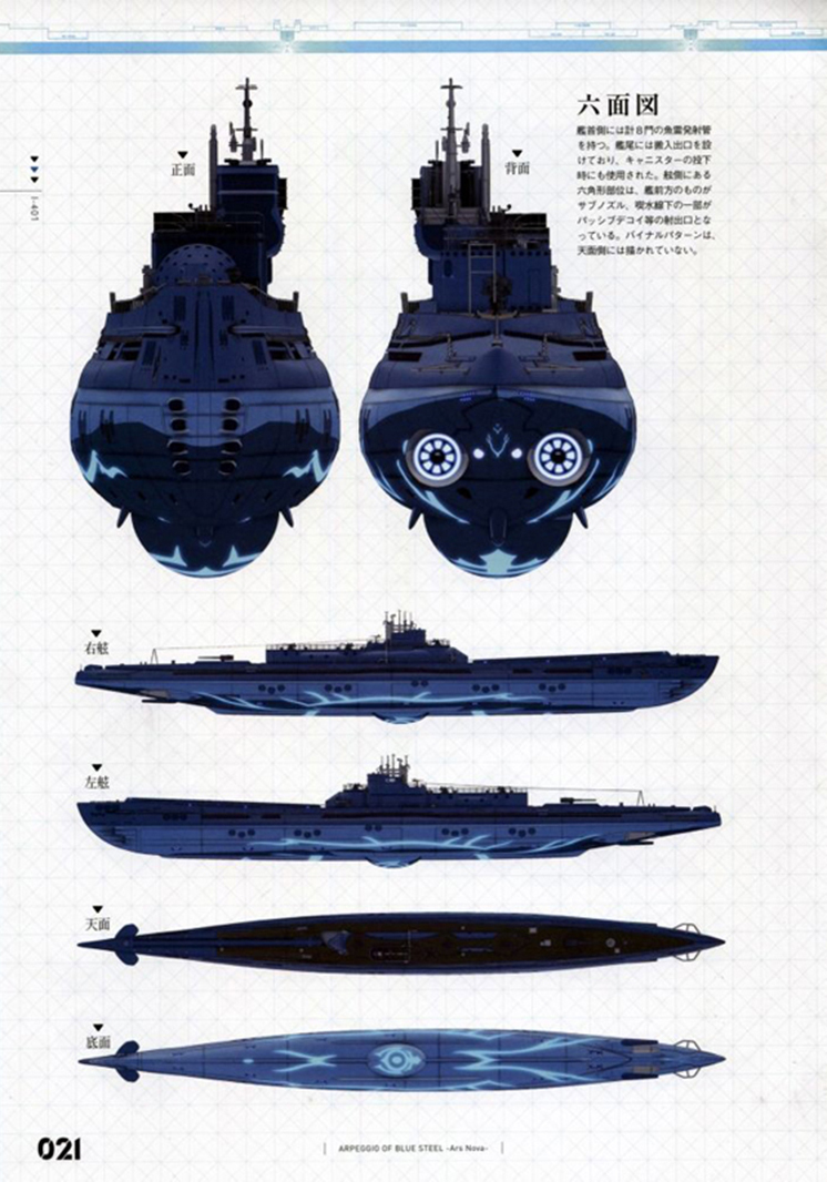 《苍蓝钢铁的琶音》中的伊-401特级潜艇(潜水航母)六视图,单从战舰