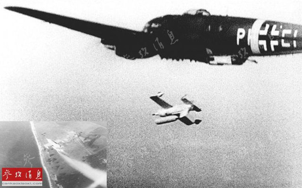 图为二战时期,纳粹德国he-111轰炸机投放hs-293反舰导弹,后者是历史上