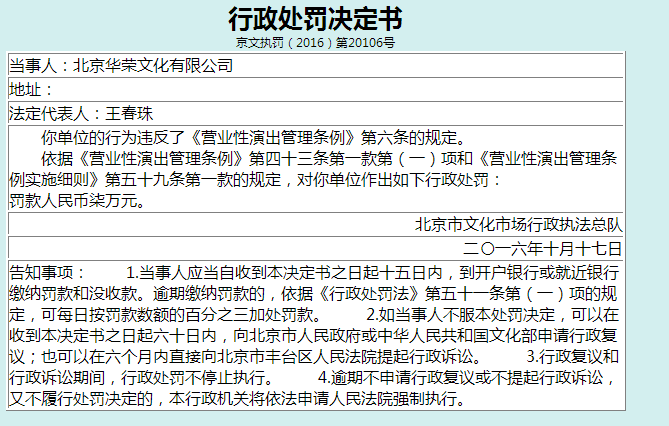 北京华荣文化有限公司违反营业性演出管理条例被罚70000元