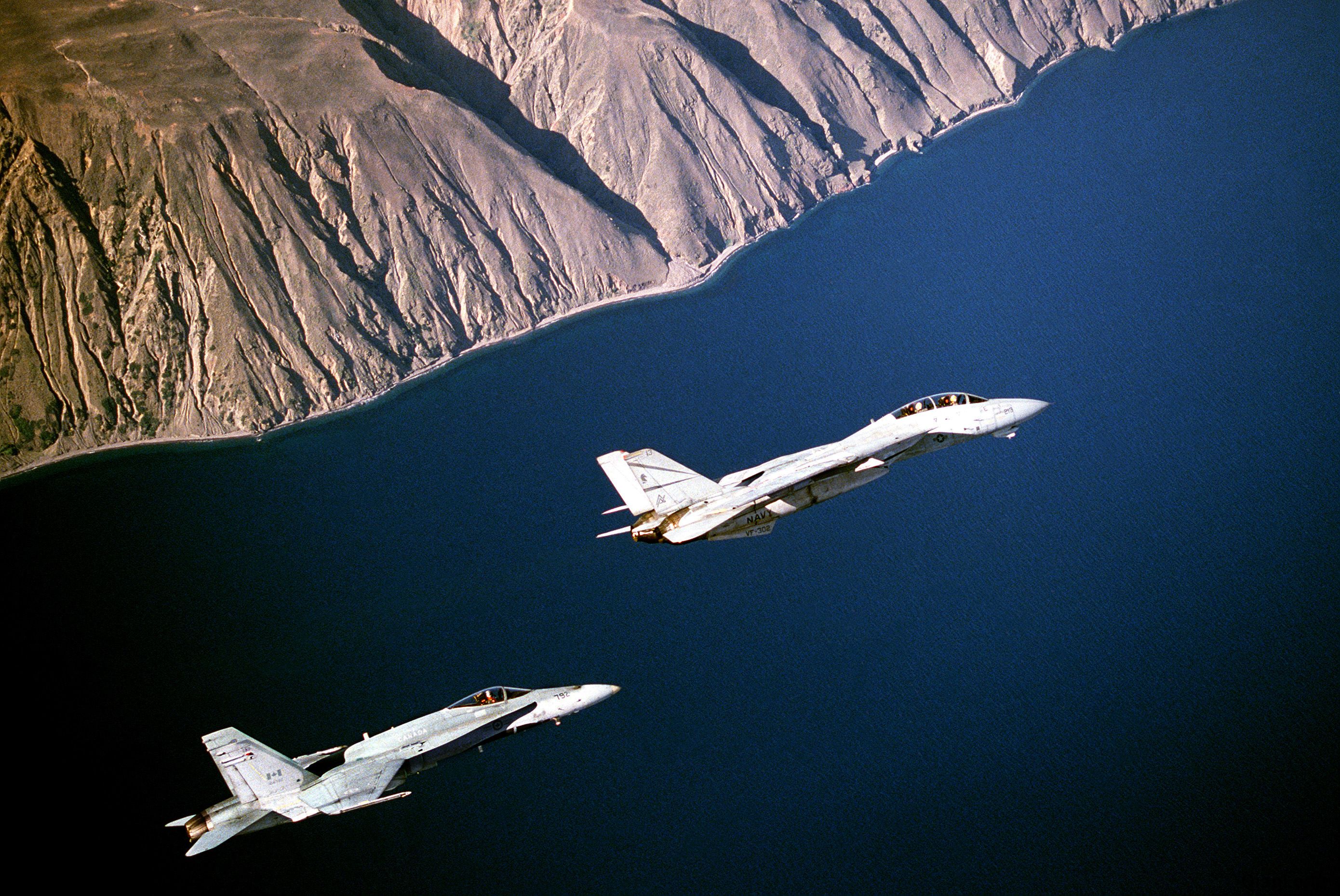 编队飞行的cf-188多用途战斗机和f-14a"雄猫"多用途战斗机.