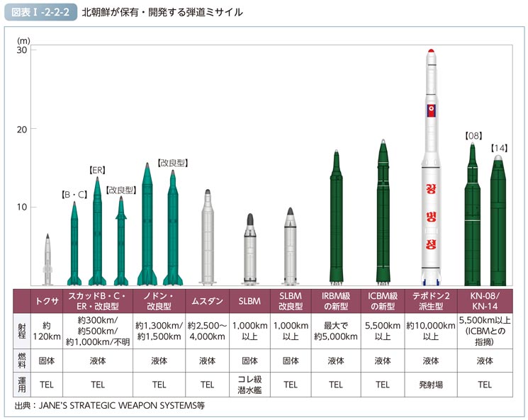 图为《2017年日本防卫白皮书》公布的朝鲜现有各型弹道导弹外观尺寸及
