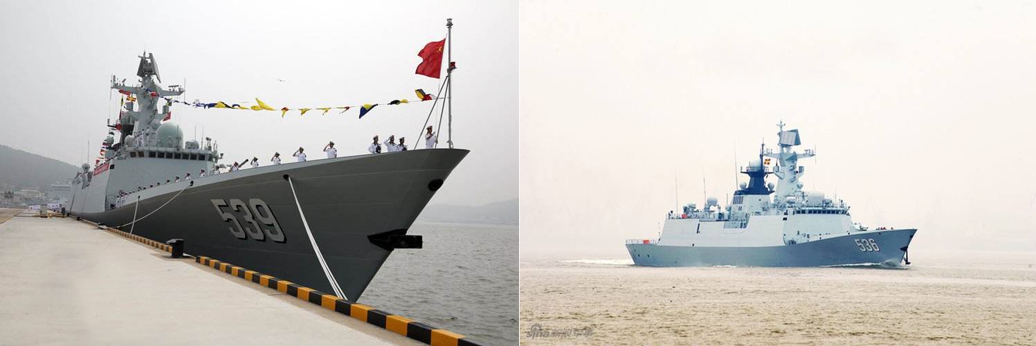 资料图:左图:6月29日,054a型导弹护卫舰539"芜湖"舰在大连旅顺某军港
