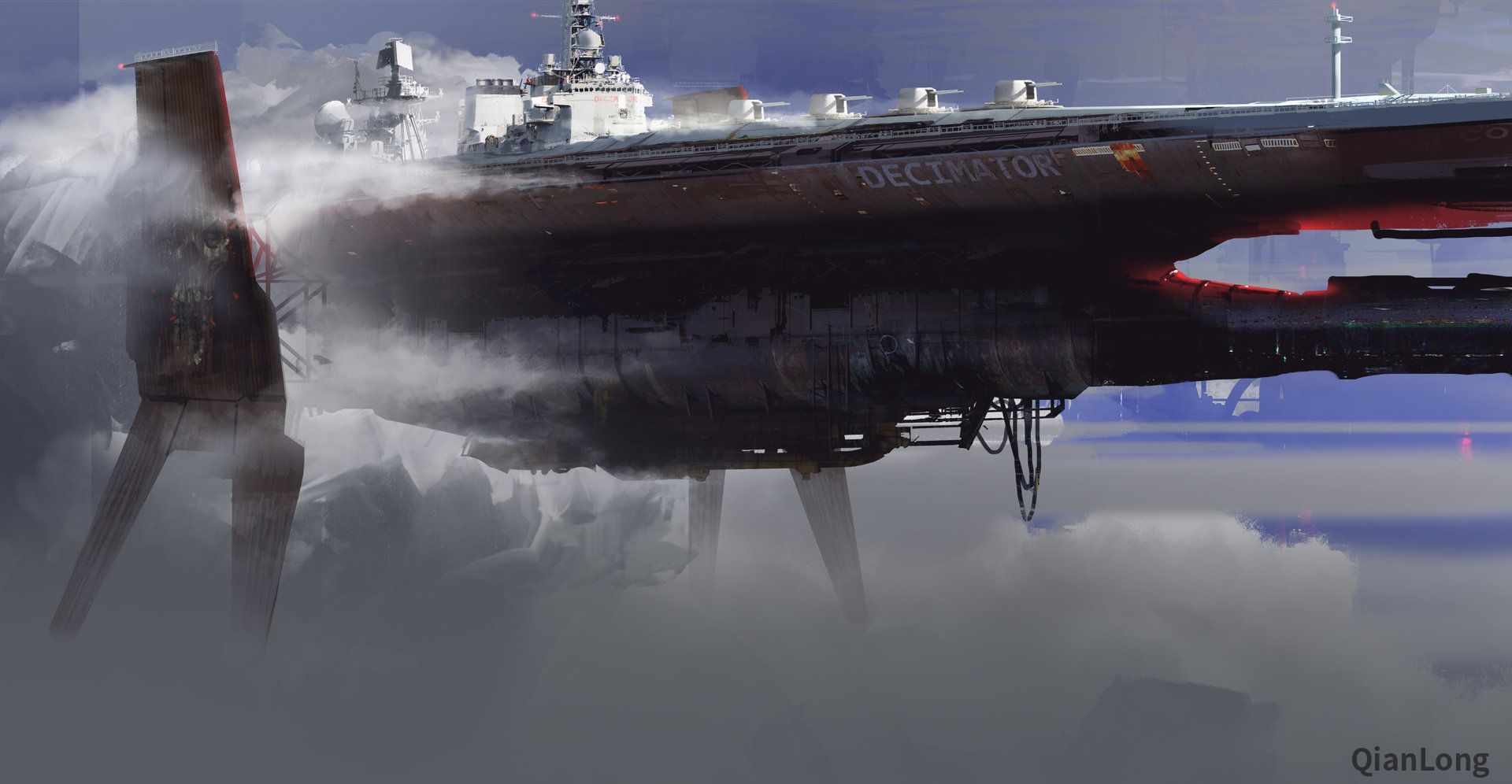 画家笔下的科幻装备海上的巡洋舰带着舰炮直接上天5