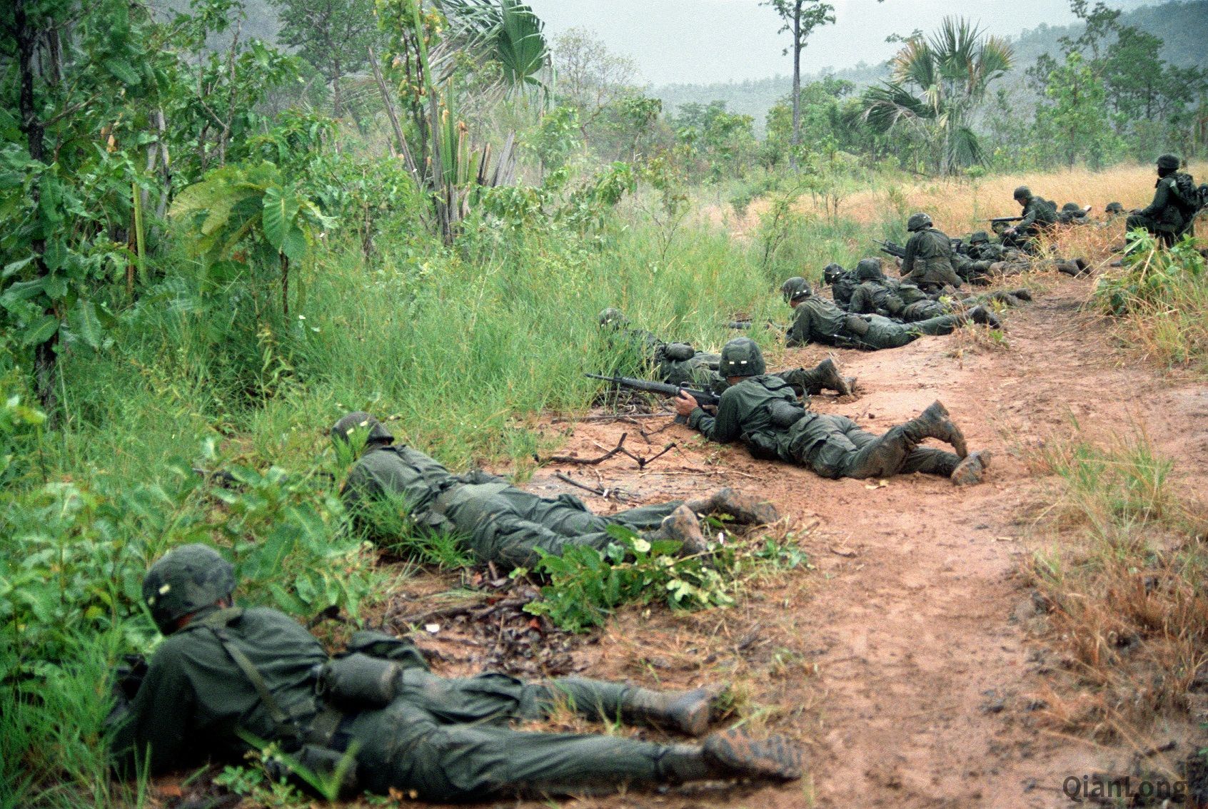 参加演习的部队正在路边卧倒警戒.