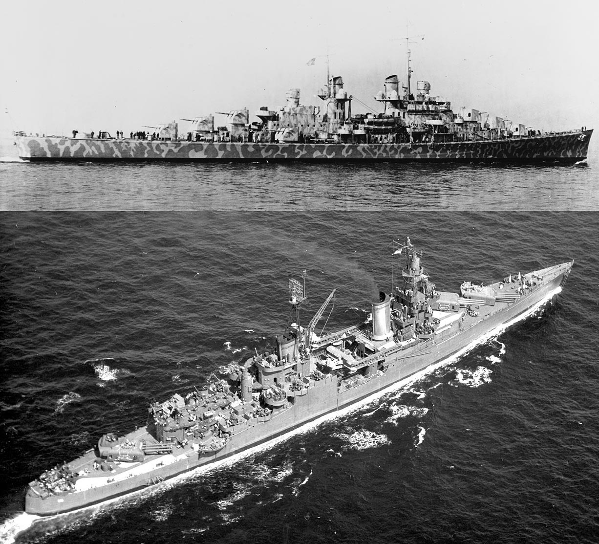 图为1942年2月拍摄的"朱诺"号(uss juneau cl-52)轻巡洋舰(上)与1945