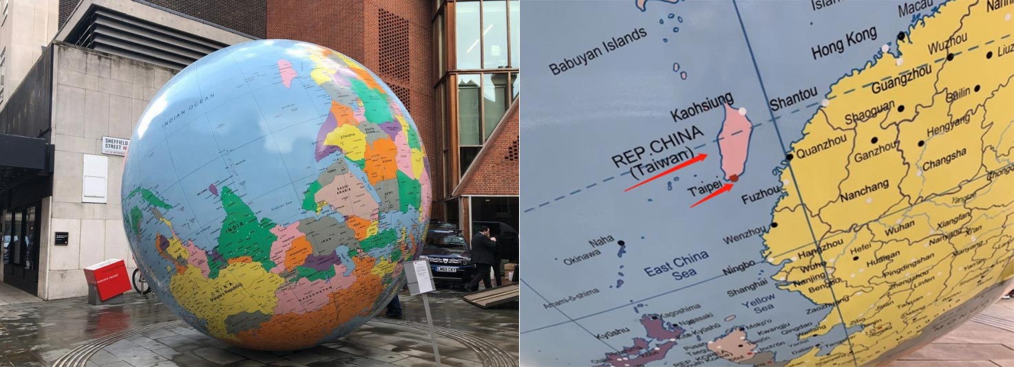 world turned upside down)上错将中国台湾地区标注为"中华民国(台湾)