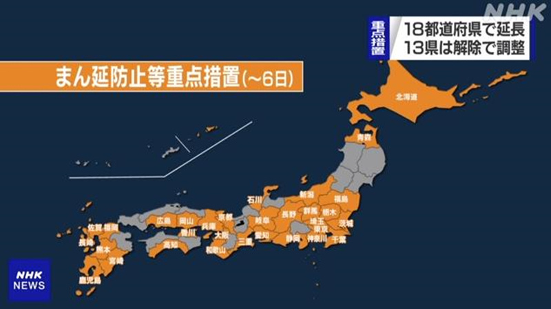 日本延长18个都道府县的防止蔓延等重点措施