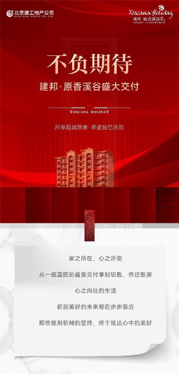 时间带给我们期待,也打磨出最美好的精彩。当家期如约而至,幸福随光阴而来,所有期待中的美好,终在时间的雕琢下款款盛开。2022年12月29日,建邦·原香溪谷E地块迎来了盛大交付,让业主提前5个月归家,这一刻,在众多业主家人无数个日夜的期待下,终于迎来了幸福兑现的时刻!