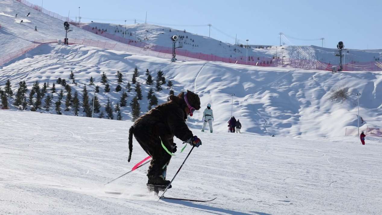 北京游客陈学冬用自制的雪具，驰骋在雪道上。付浩东摄