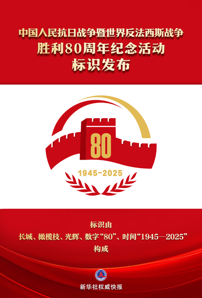 国务院新闻办公室5月13日公开发布中国人民抗日战争暨世界反法西斯战争胜利80周年纪念活动标识。