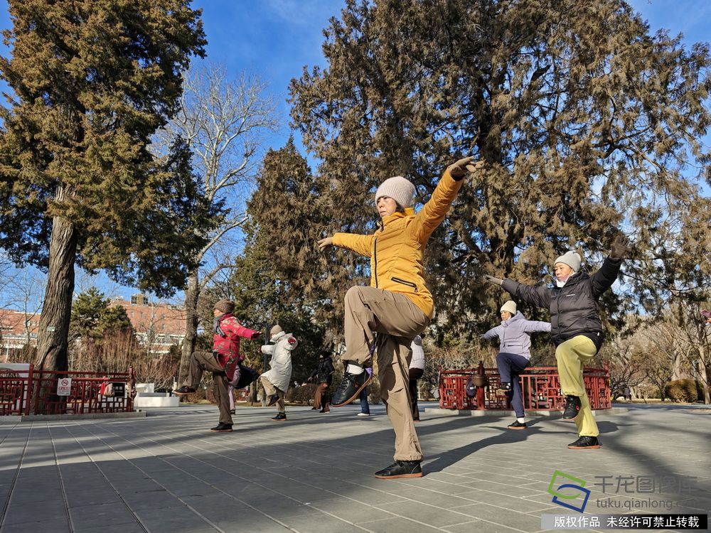 《寒冬晨练》1月10日上午，日坛公园里，市民们在寒风中操练健身操。乔健_调整大小