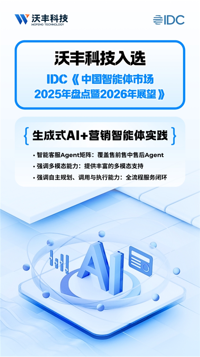沃丰科技行业唯一入选IDC《中国智能体市场2026年展望》报告！