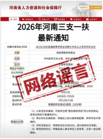 河南“三支一扶”招考在即，擦亮雙眼遠(yuǎn)離網(wǎng)絡(luò)謠言海報(bào)