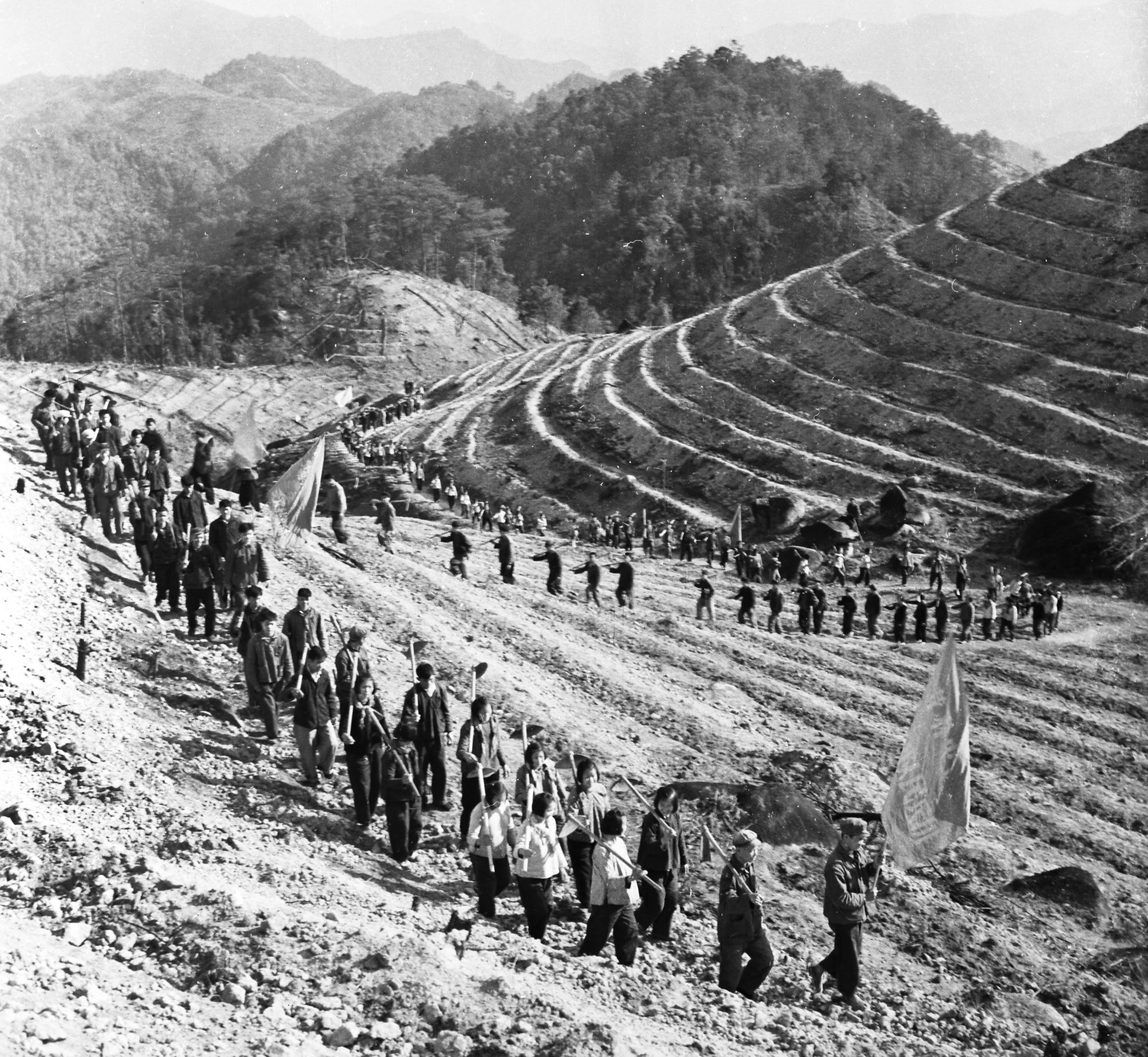 1974—1975年,面对恶劣的自然环境,岳山造林人投入到植树造林大会战中去。资料图片 1974—1975年,面对恶劣的自然环境,岳山造林人投入到植树造林大会战中去。资料图片