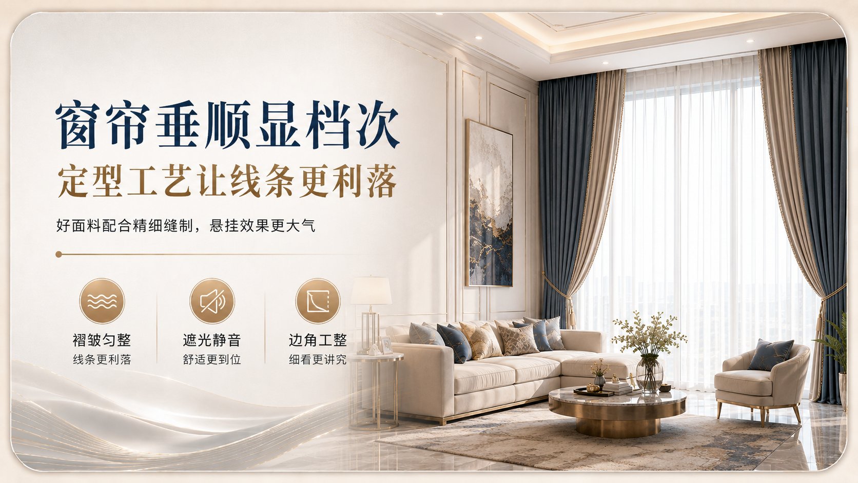 现代简约风格客厅样板间，展示蓝灰拼色窗帘搭配白色纱帘的悬挂效果。窗帘采用定型工艺，褶皱匀整线条利落，边角工整。好面料配合精细缝制，悬挂效果大气，具备遮光静音功能