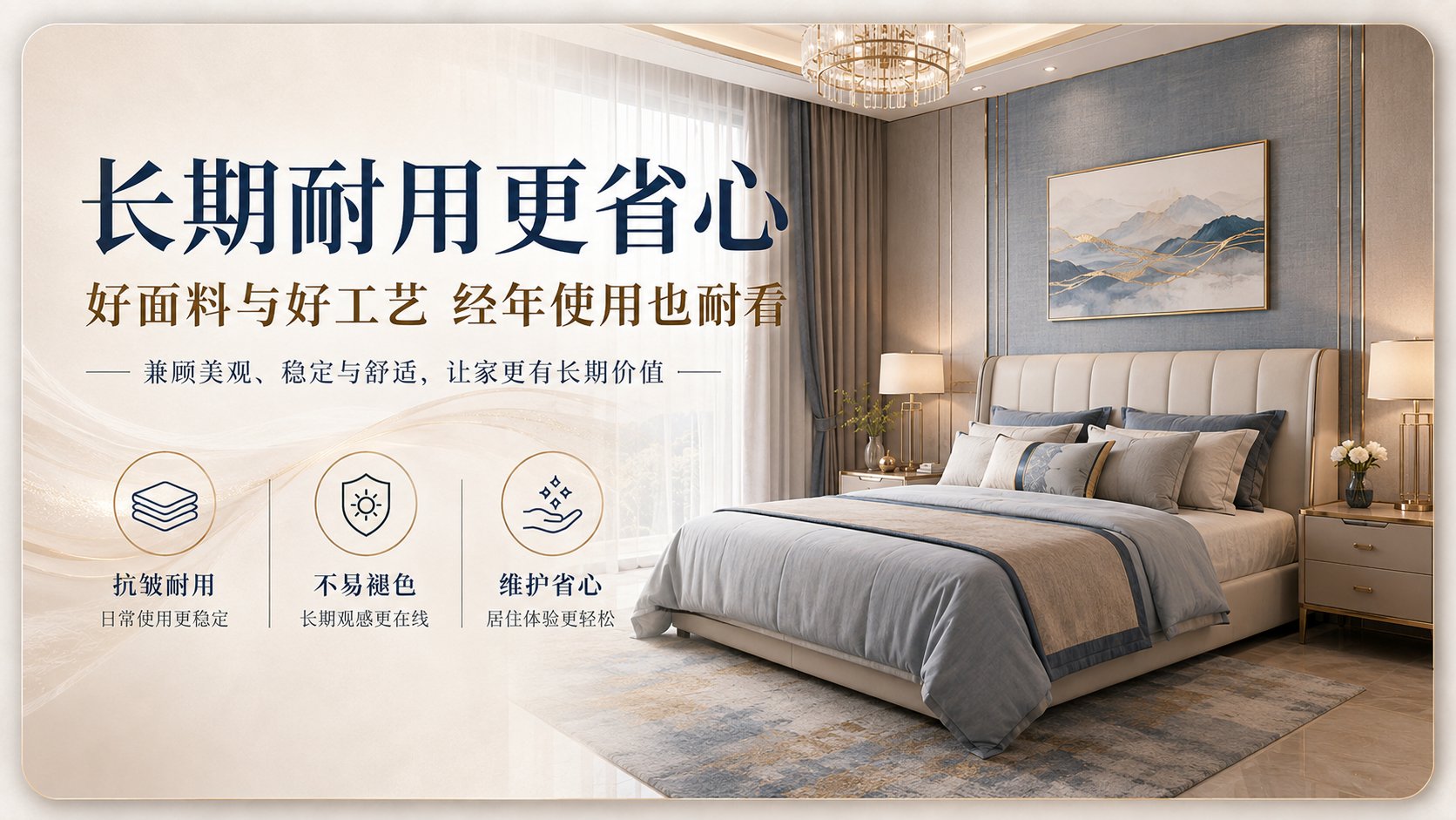 现代轻奢风格卧室场景展示，核心主体为米色软包双人床搭配灰蓝色床品。床头采用竖条纹软包设计，背景墙面装饰金属线条与山水挂画，搭配水晶吊灯与金属台灯，营造高雅氛围。