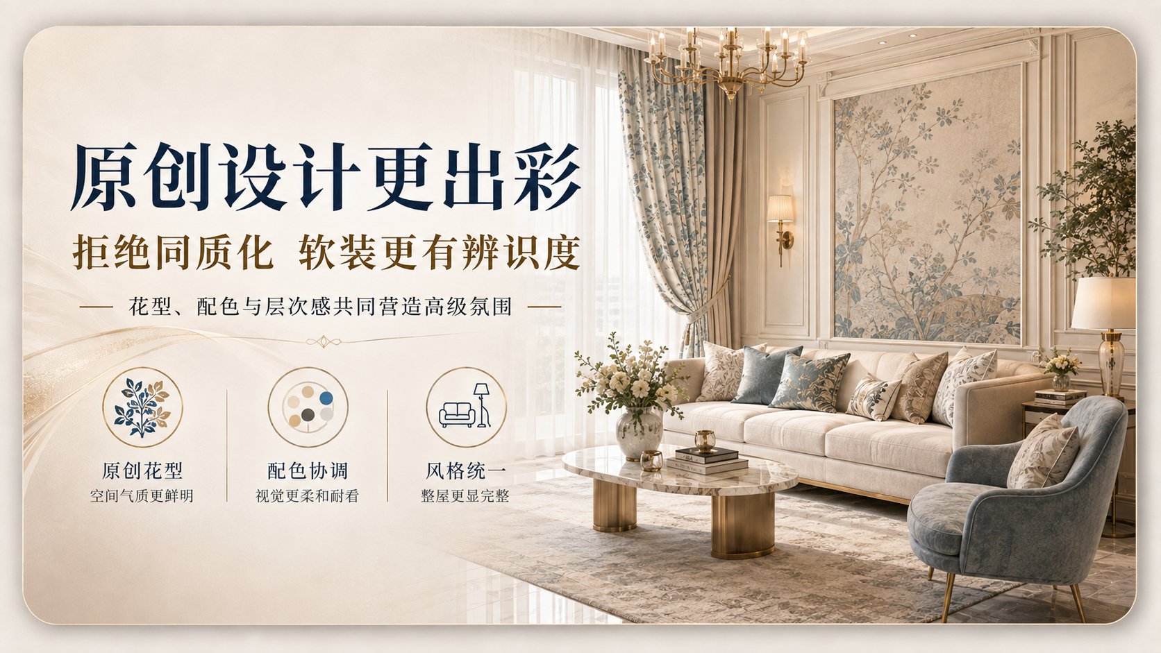 这是一张展示法式轻奢风格客厅软装搭配效果的宣传图。画面右侧呈现了一个温馨的居家样板间场景，核心主体为米色布艺沙发搭配蓝色丝绒单人椅，前方是大理石纹理茶几。背景墙
