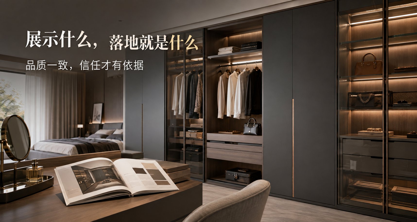 这是一张现代轻奢风格的卧室衣帽间实景图。画面主体为一组深灰色定制衣柜,融合了封闭储物、开放式挂衣区与玻璃展示柜。柜体采用哑光饰面搭配金色长条拉手,内部嵌入暖色L