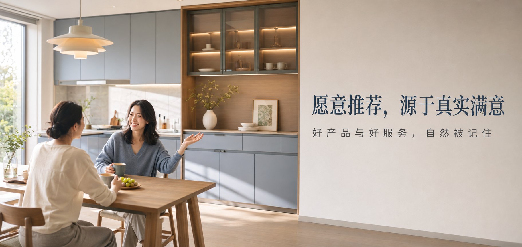 现代简约风格的客餐厅空间,蓝灰色哑光定制橱柜搭配木色餐边柜,玻璃柜门内嵌暖色灯带展示精致餐具。实木餐桌旁两位女性愉快交谈,营造温馨居家氛围。右侧文案“愿意推荐,