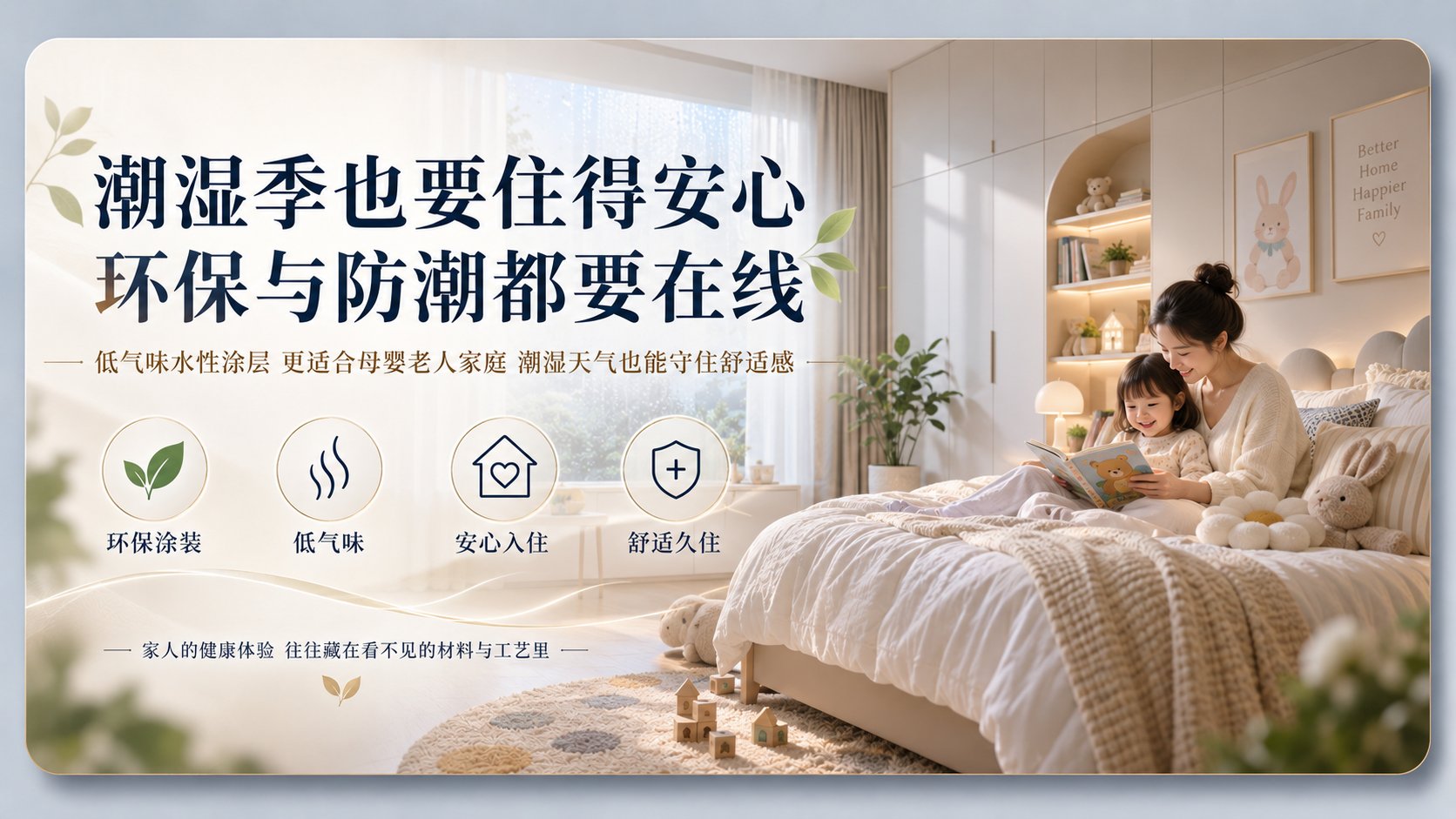这是一张家居建材宣传图，展示了温馨明亮的卧室场景，母亲与孩子坐在床上共读。画面强调“潮湿季也要住得安心，环保与防潮都要在线”，突出低气味水性涂层的优势。产品具备