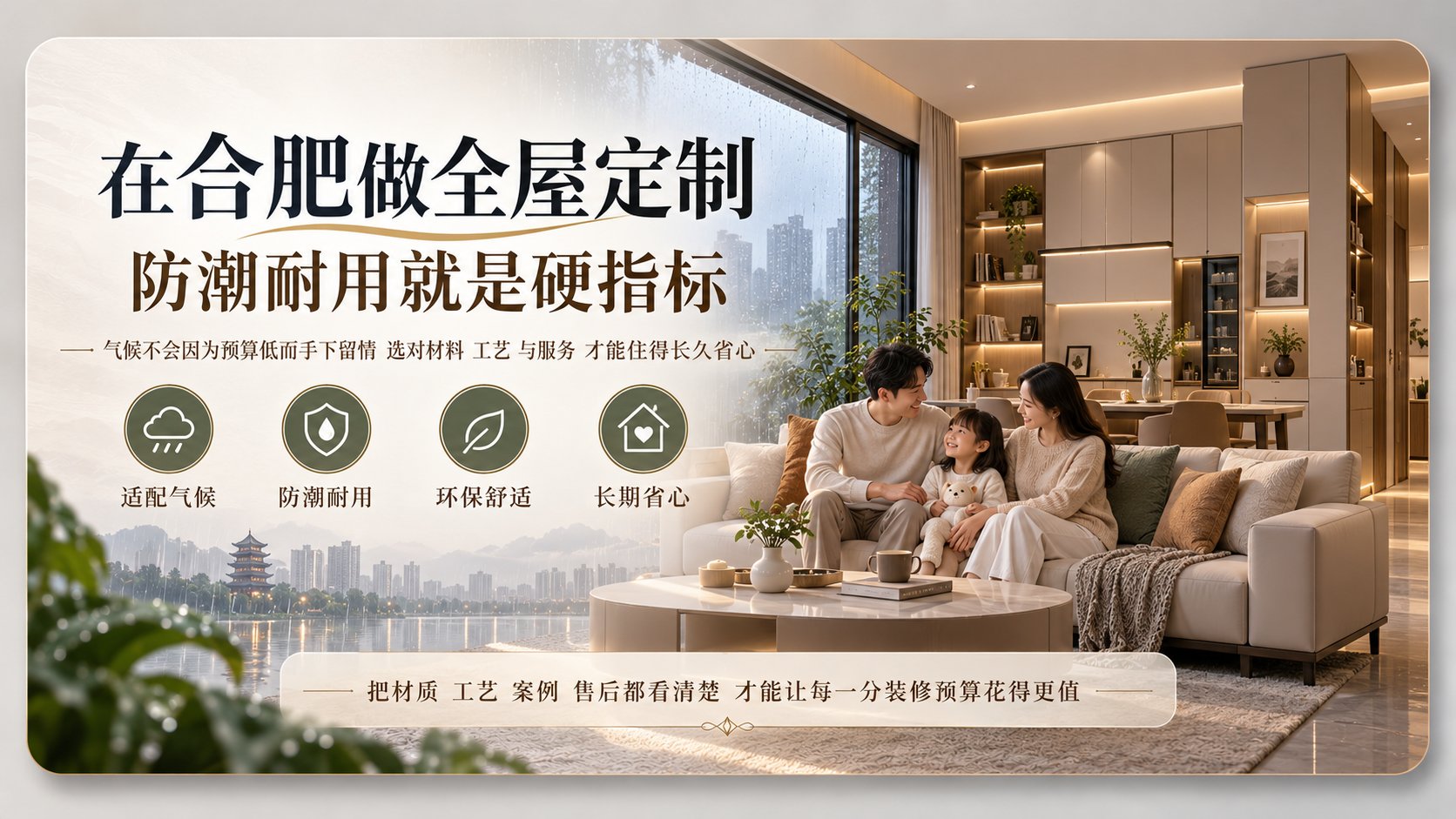 这是一张合肥全屋定制的宣传海报，画面右侧呈现现代简约风格的客厅场景，一家三口温馨地坐在米色沙发上，背景是带有暖色灯带的定制收纳柜。左侧背景为雨天的城市湖景，直观
